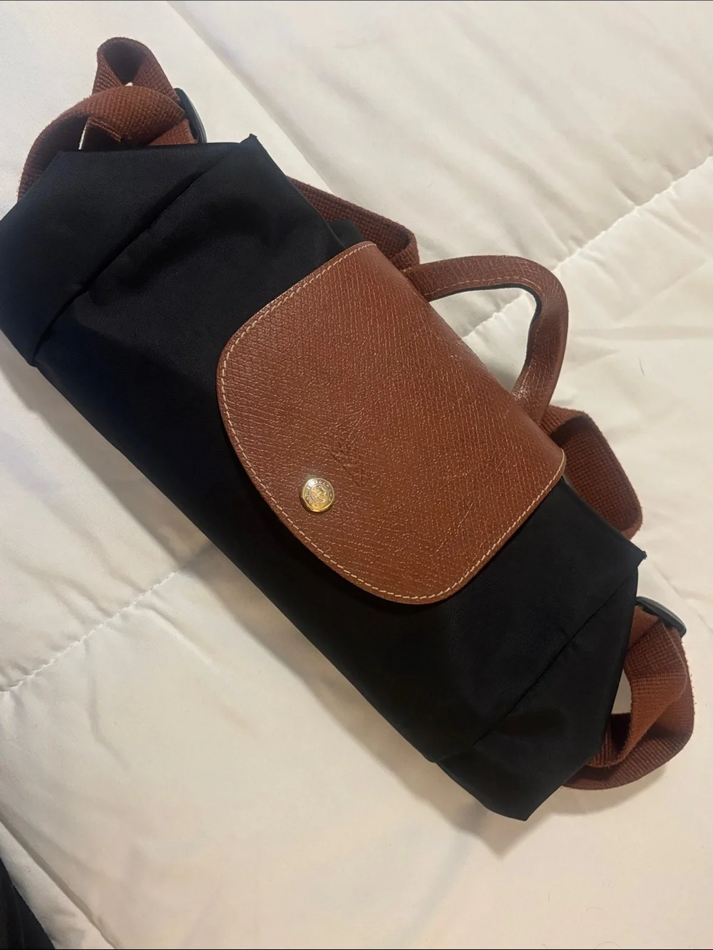 Longchamp Black Nylon Backpack with Brown Leather Flap and Straps - Picture 9 of 9